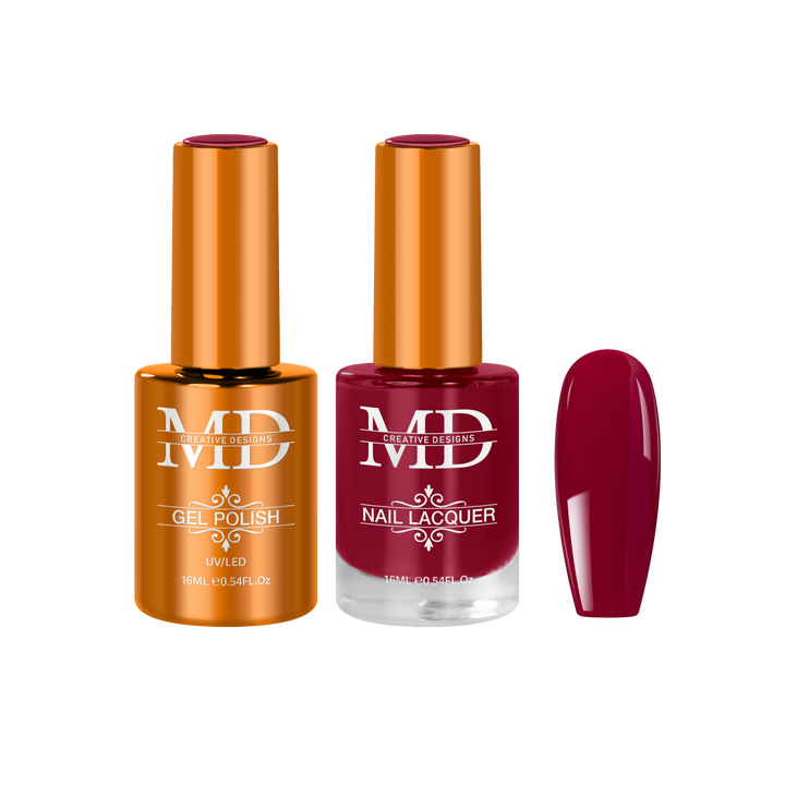 Two nail polish bottles with a maroon nail tip swatch on a white background