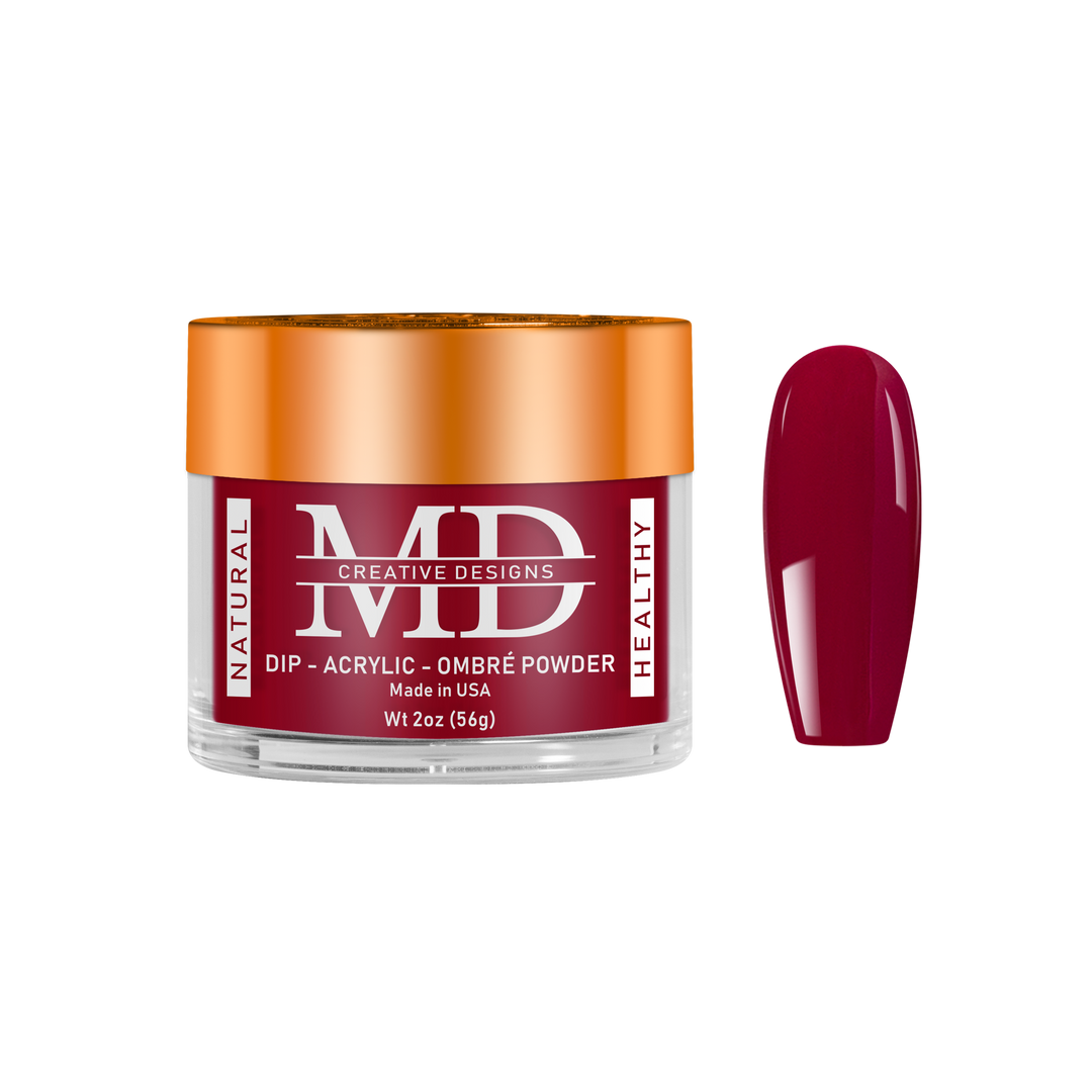 Jar of MD nail powder with a red nail tip swatch on a white background