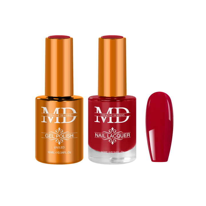 Two nail polish bottles with a red nail tip swatch on a white background.
