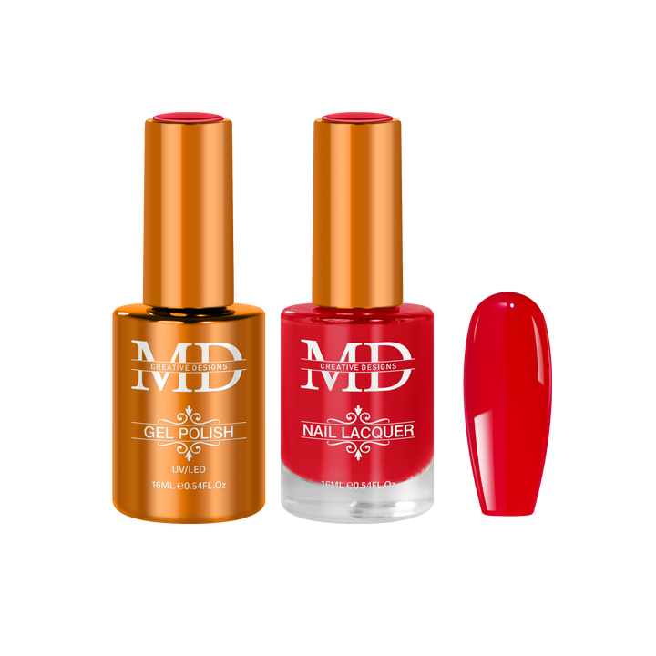 Two nail polish bottles with a red nail tip swatch on a white background.