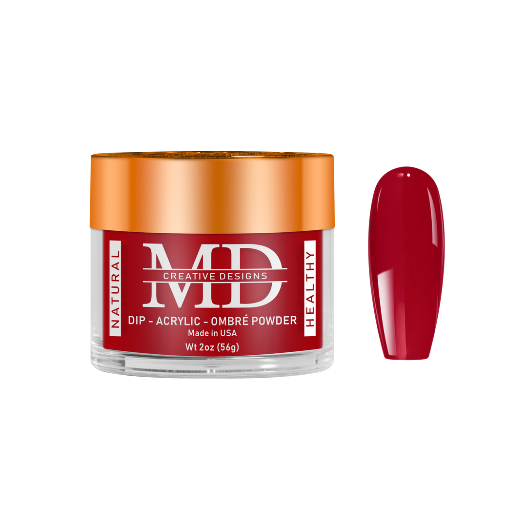 Jar of MD nail powder with a red nail tip swatch on a white background