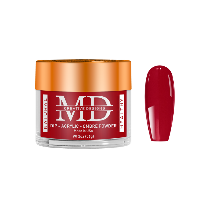 Jar of MD nail powder with a red nail tip swatch on a white background
