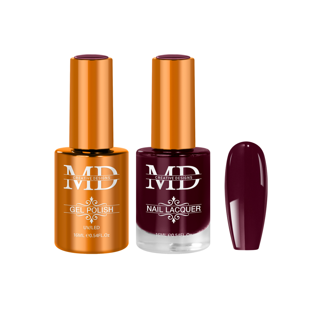Two nail polish bottles with a dark red nail tip swatch on a white background
