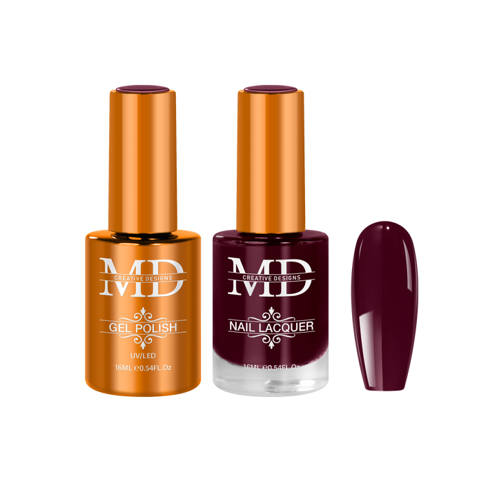 Two nail polish bottles with a dark red nail tip swatch on a white background