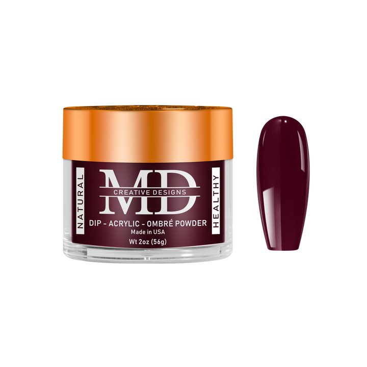 Jar of MD nail powder with a maroon nail color swatch on a white background