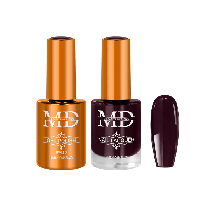 Two nail polish bottles with a dark brown nail tip swatch on a white background