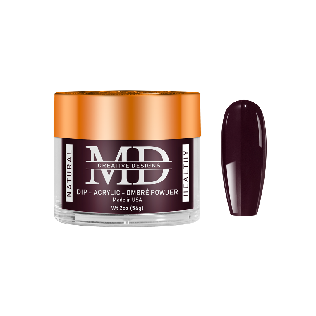Jar of MD nail powder with a swatch of dark brown color on a white background