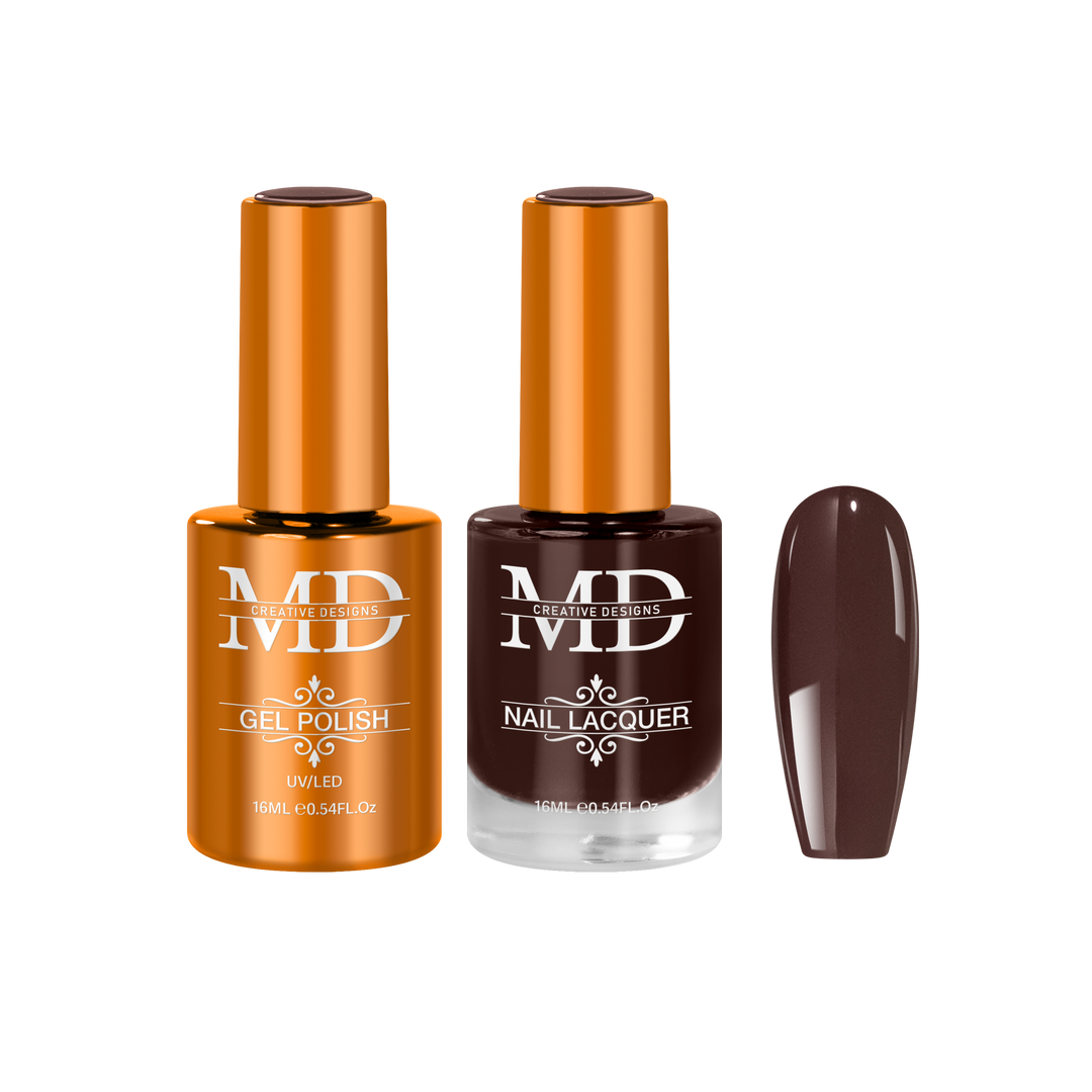 Two bottles of nail polish with a brown nail tip swatch on a white background