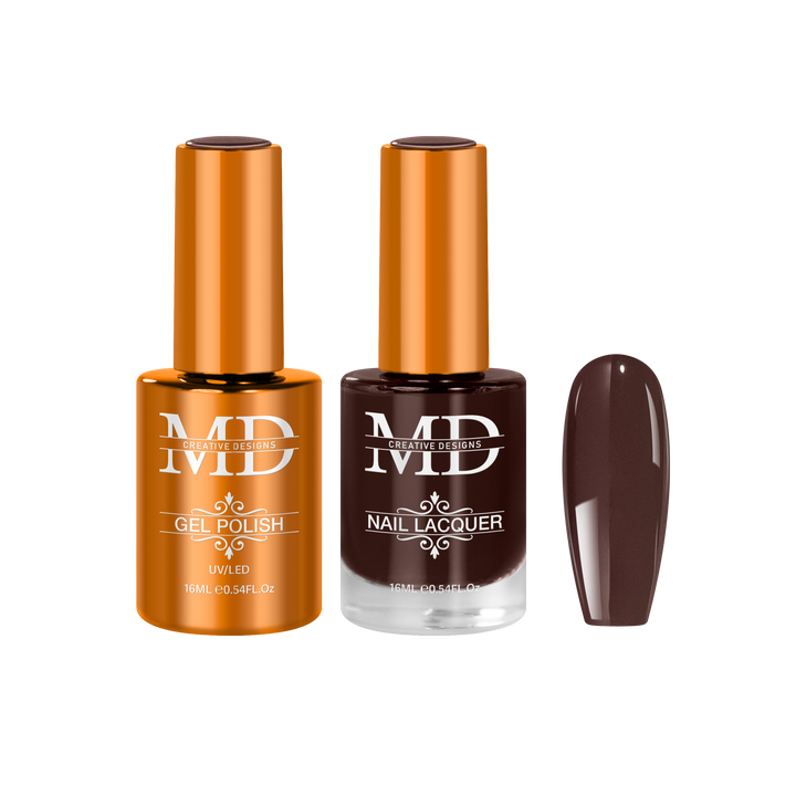 Two bottles of nail polish with a brown nail tip swatch on a white background