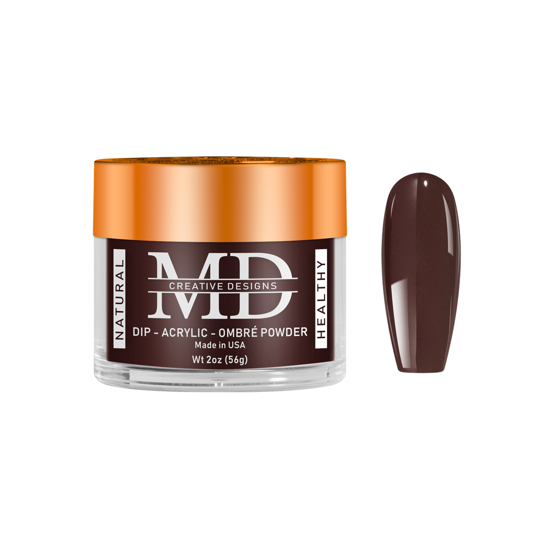 Jar of MD nail powder with a brown nail color swatch on a white background