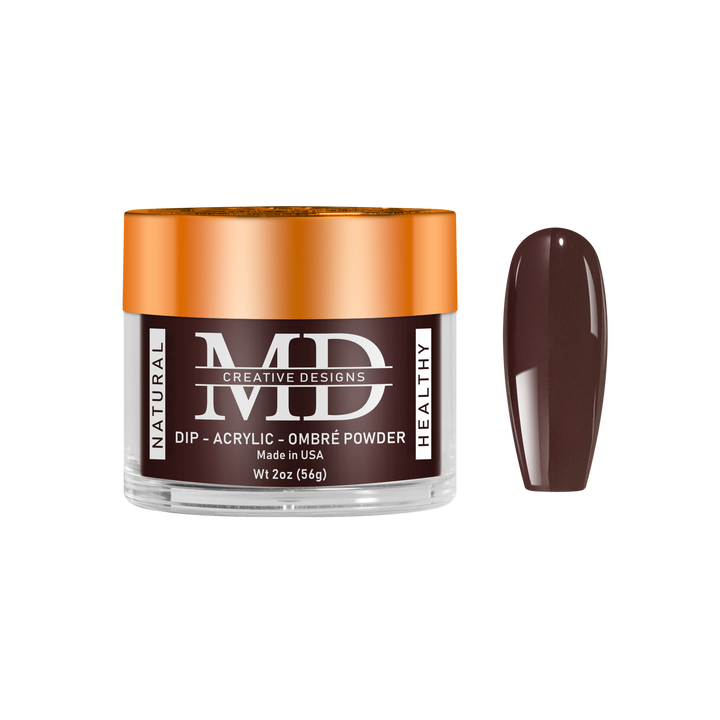 Jar of MD nail powder with a brown nail color swatch on a white background