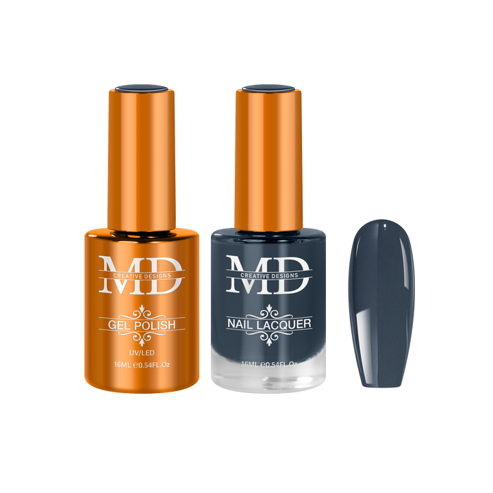 Two nail polish bottles with a gray nail tip swatch on a white background