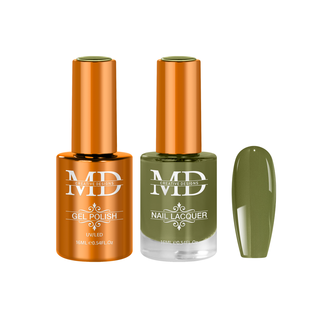 Two nail polish bottles with a small green nail tip swatch on a white background.