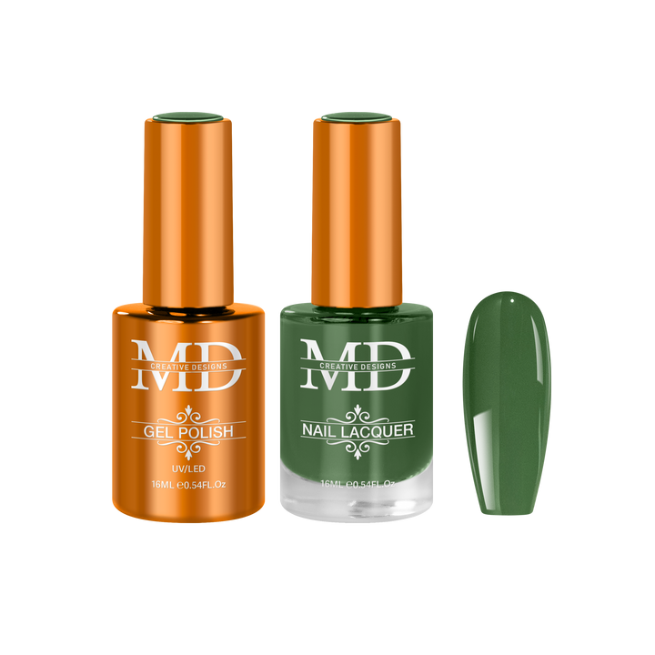 Two bottles of nail polish with a green nail tip swatch on a white background.