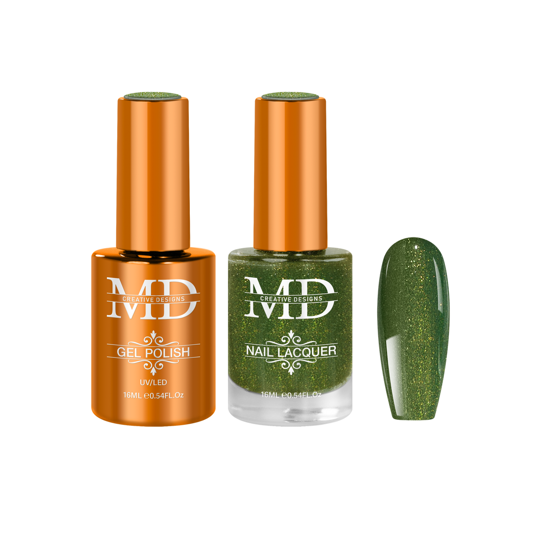 Two nail polish bottles with a small green nail tip swatch on a white background.
