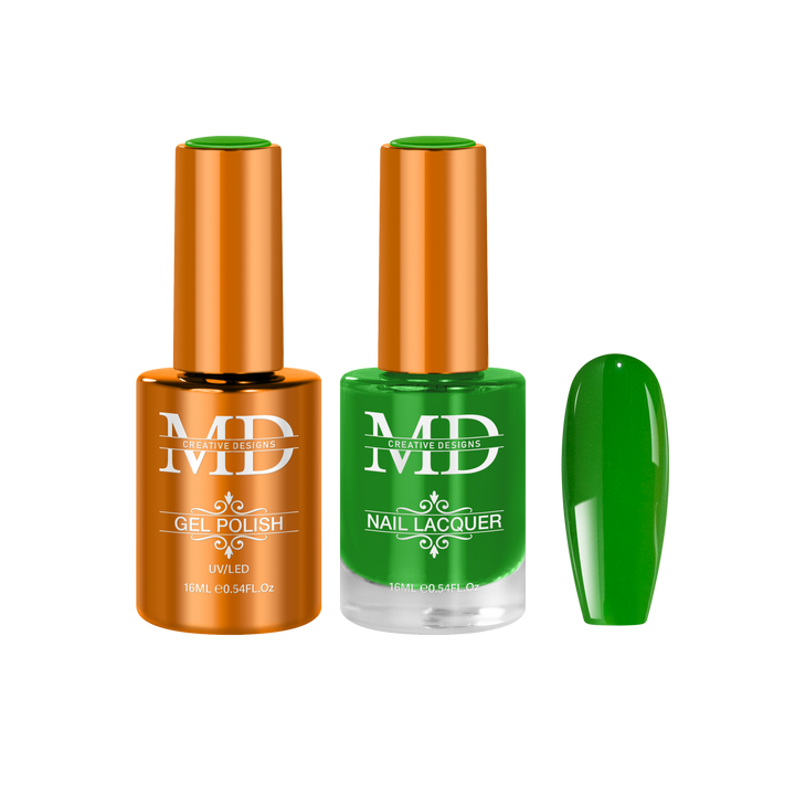 Two bottles of nail polish with a green nail nail tip swatch on a white background.