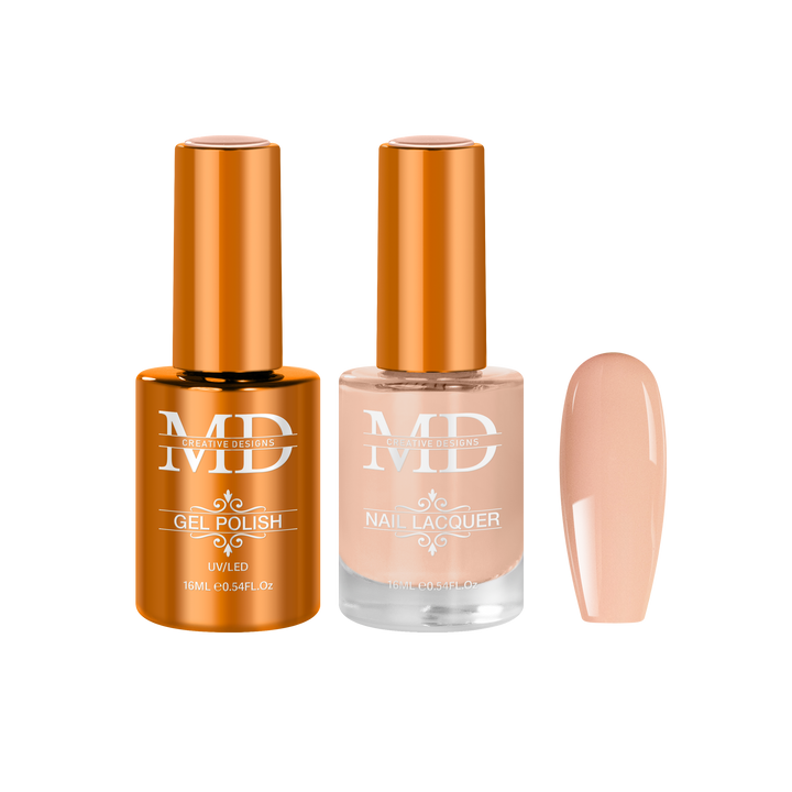 Two nail polish bottles with a beige nail tip swatch on a white background