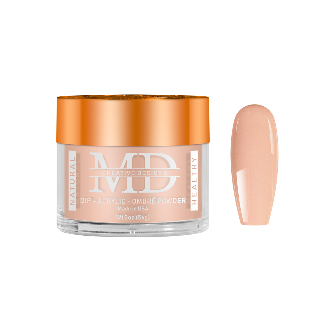 Jar of MD powder with a beige nail tip swatch on a white background