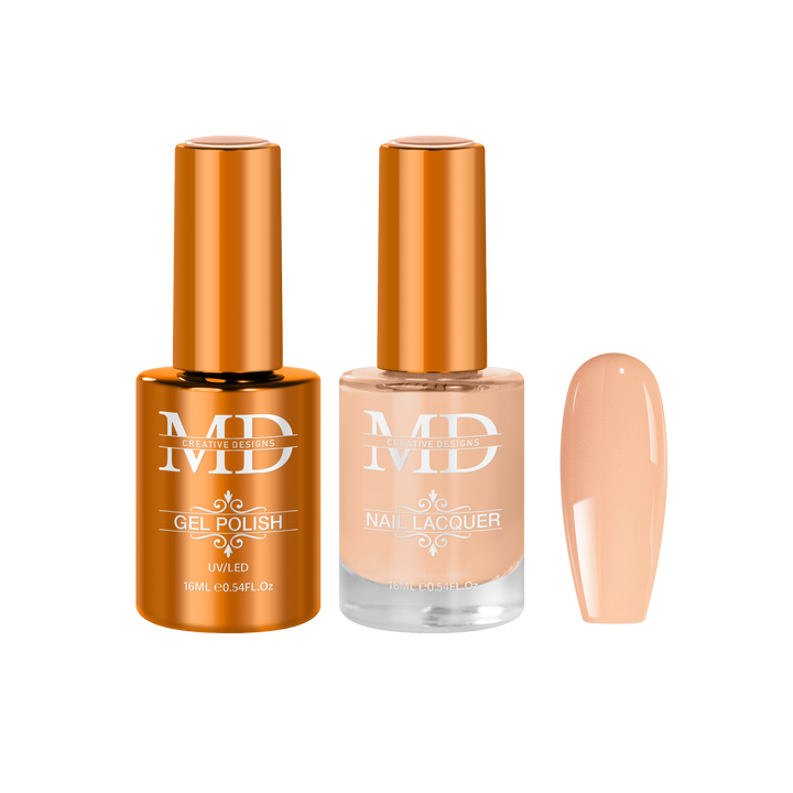 Two nail polish bottles with a beige nail tip swatch on a white background