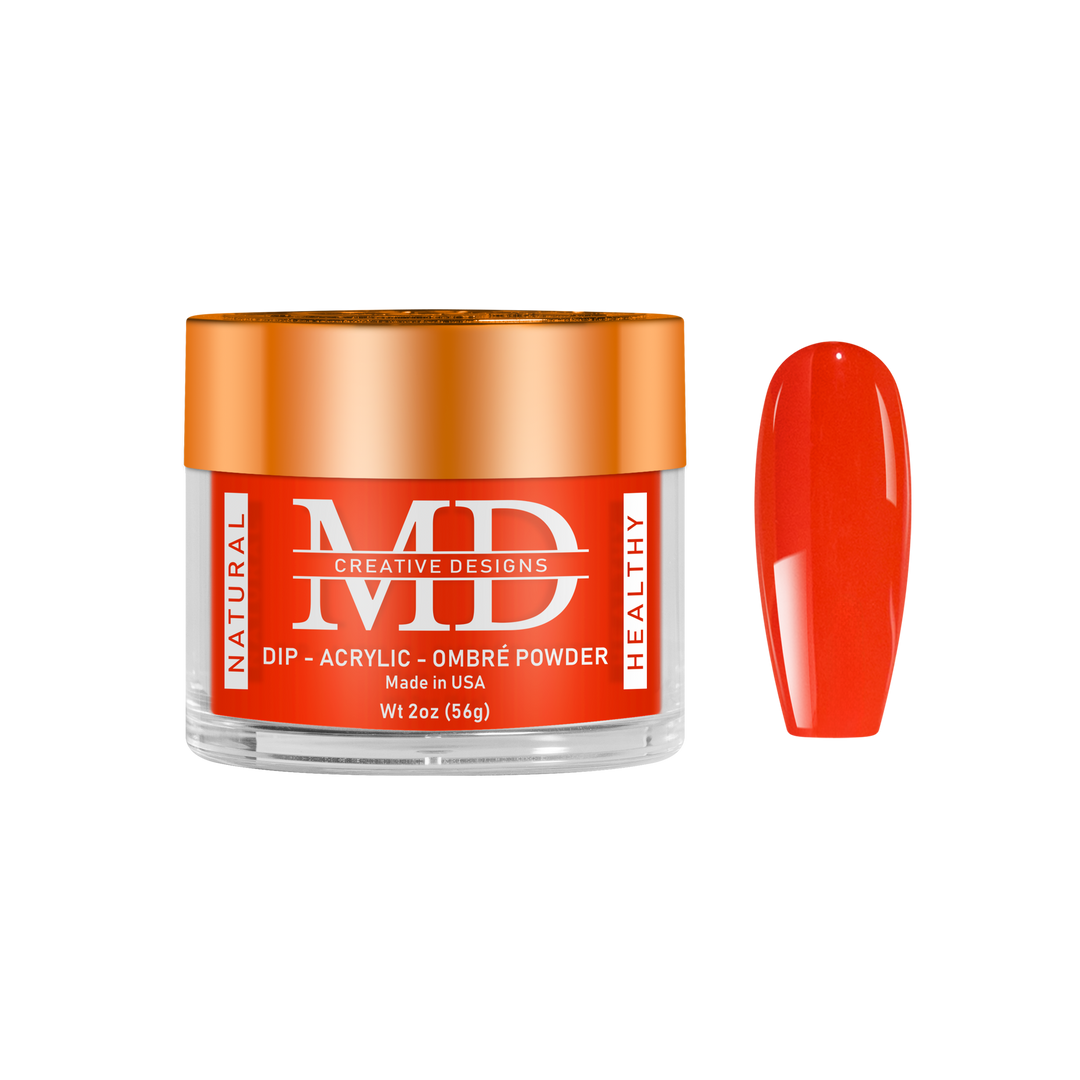 Jar of MD nail powder with a red nail tip swatch on a white background