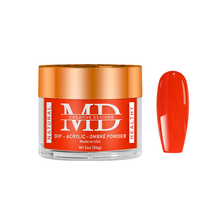 Jar of MD nail powder with a red nail tip swatch on a white background