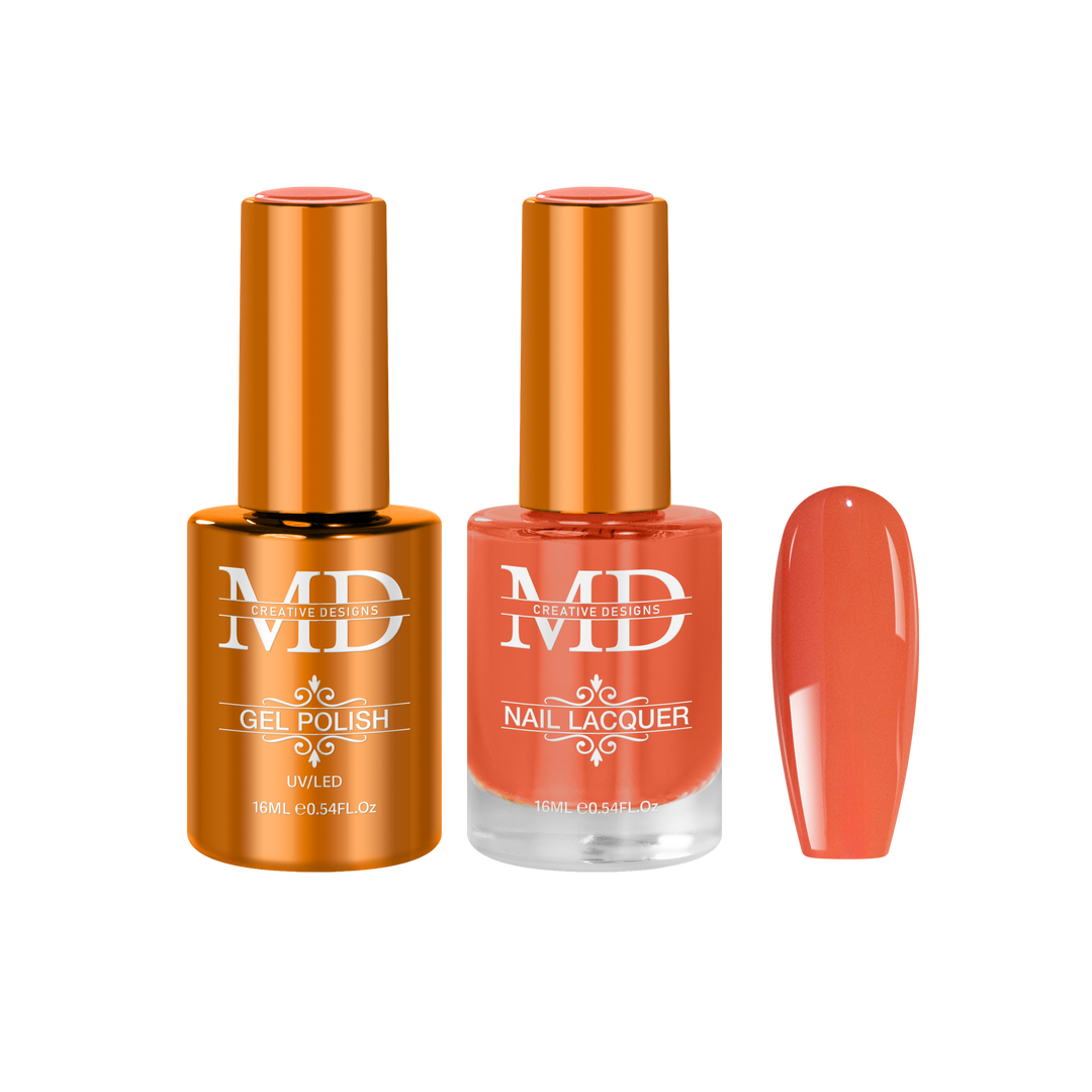 Orange nail polish bottles with a matching nail tip swatch on a white background