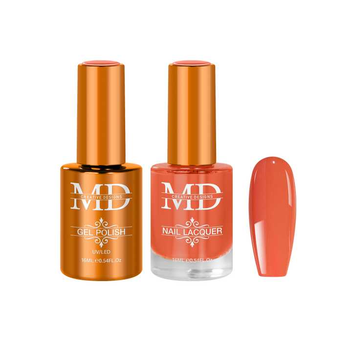 Orange nail polish bottles with a matching nail tip swatch on a white background