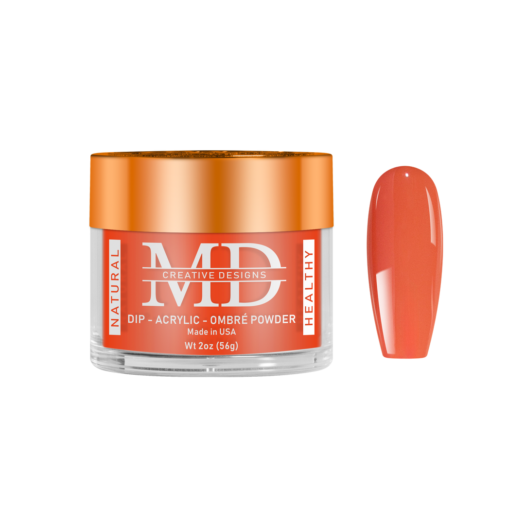Jar of MD nail powder with a swatch of orange nail color on a white background