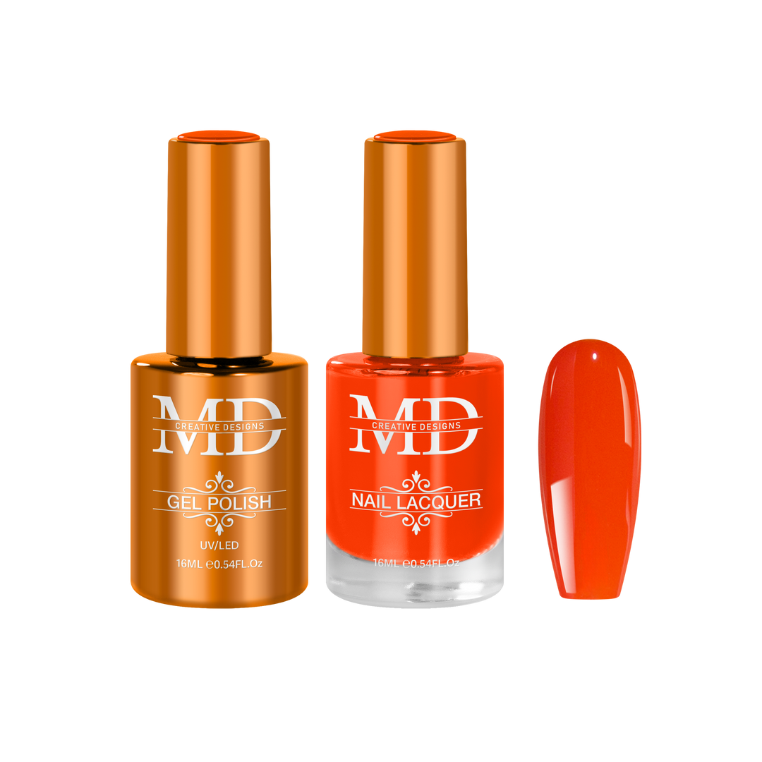 Orange nail polish bottle and a swatch  of orange nail color on a white background.
