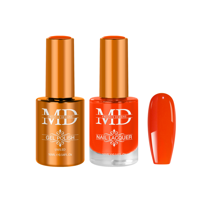 Orange nail polish bottle and a swatch  of orange nail color on a white background.
