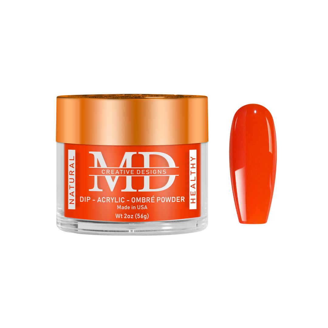 Orange nail powder container with a matching nail tip swatch on a white background