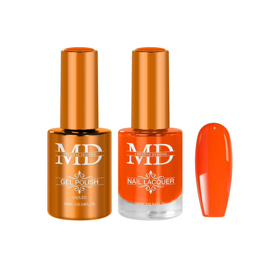 Orange nail polish bottles with a matching nail tip swatch on a white background