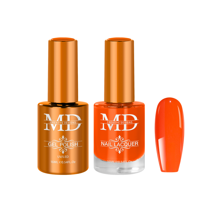 Orange nail polish bottles with a matching nail tip swatch on a white background
