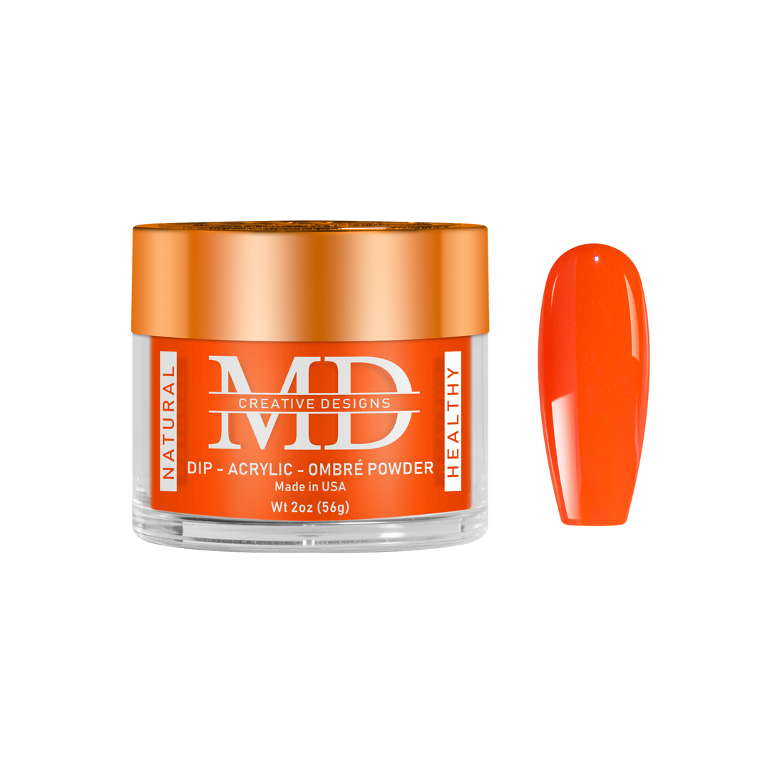 Orange nail powder container with a matching nail tip swatch on a white background