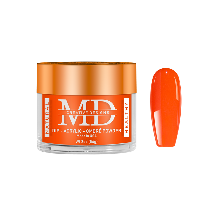 Orange nail powder container with a matching nail tip swatch on a white background