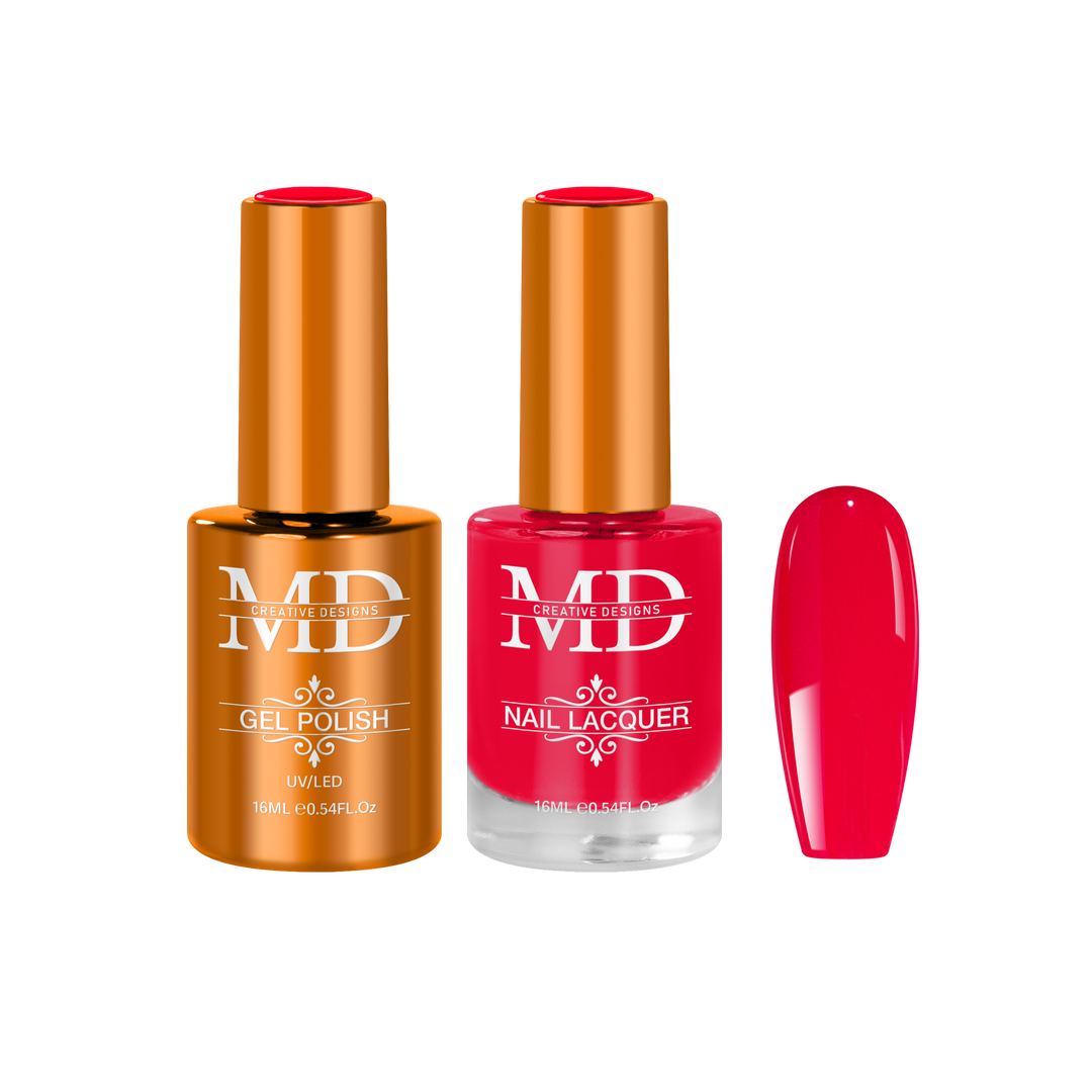 Two nail polish bottles with a red nail tip swatch on a white background