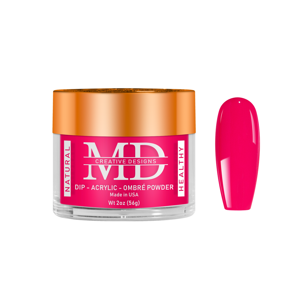 Jar of MD nail powder with a pink nail tip swatch on a white background