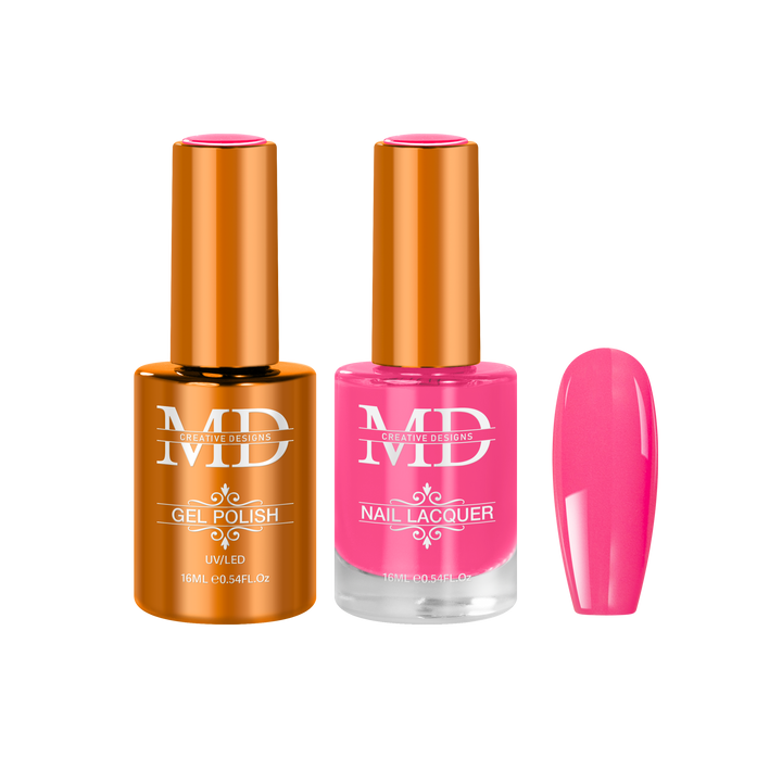 Two bottles of nail polish with a pink nail tip swatch on a white background