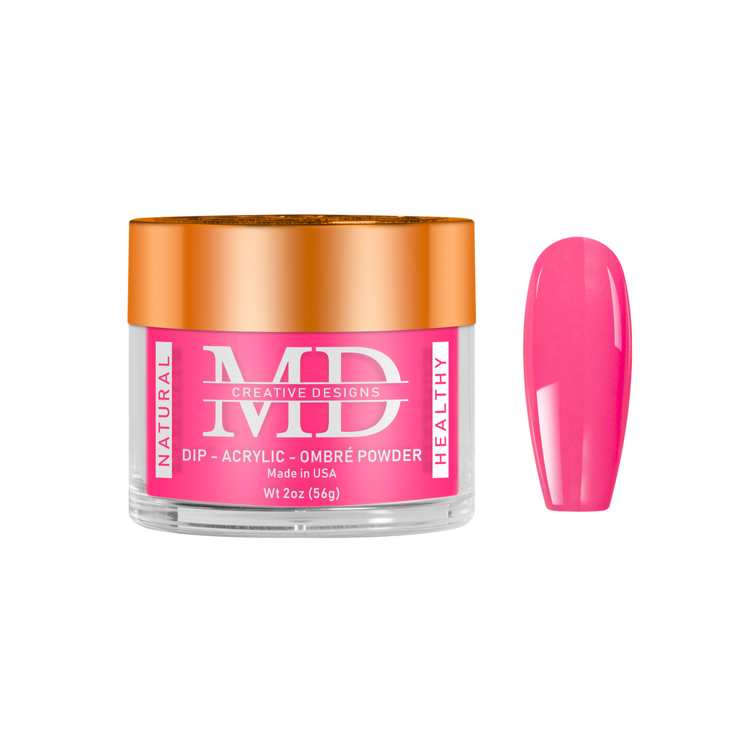 Pink nail powder in a jar with a matching pink nail tip swatch on a white background