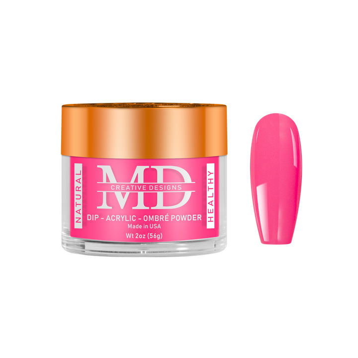 Pink nail powder in a jar with a matching pink nail tip swatch on a white background