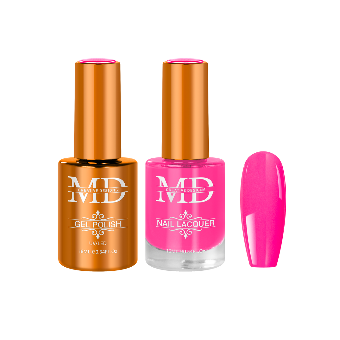 Two bottles of nail polish with a pink nail tip swatch on a white background