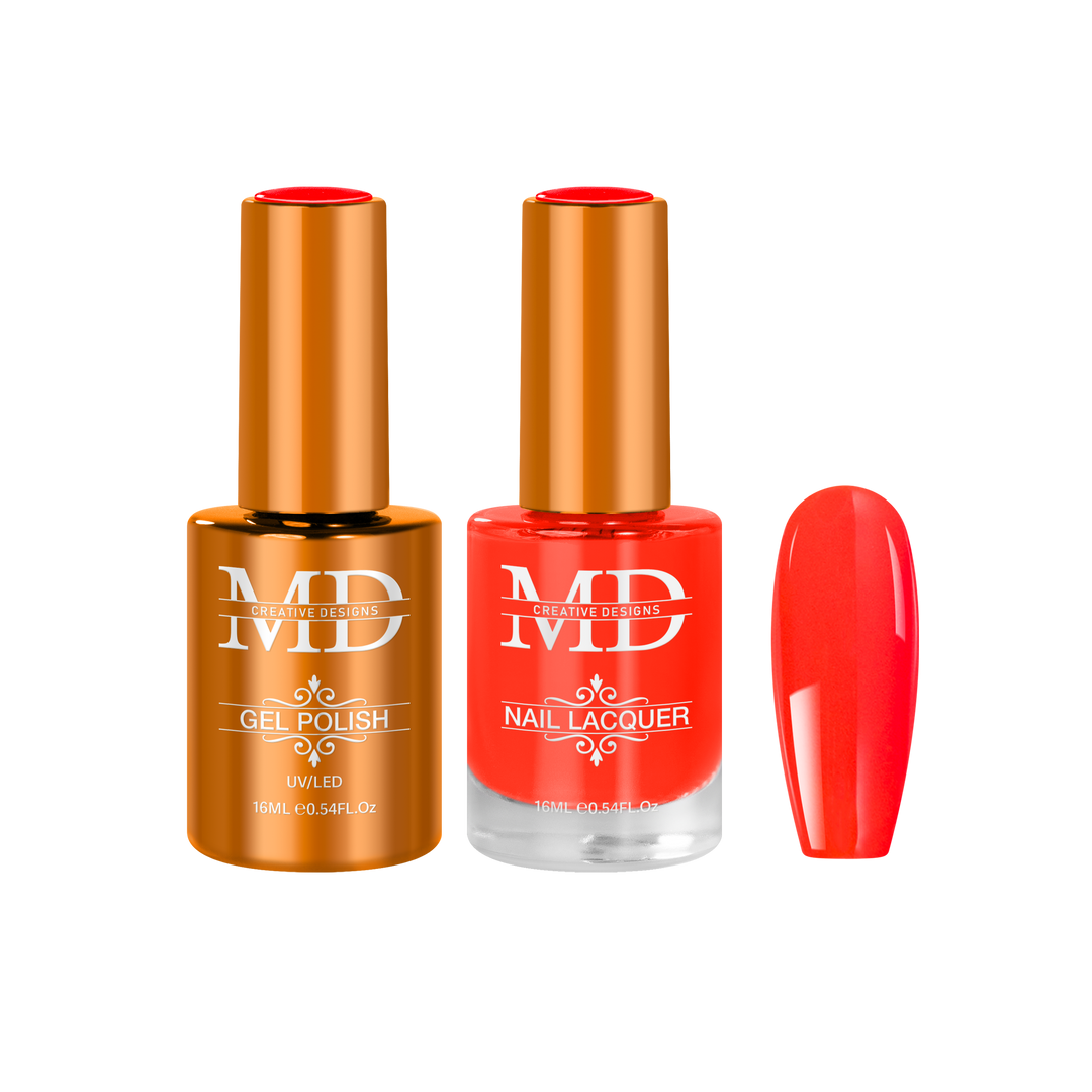 Two bottles of nail polish with a red nail tip swatch on a white background