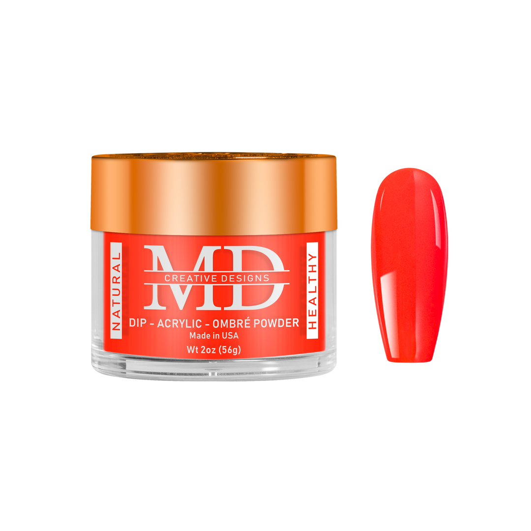 Jar of MD nail powder with a red nail tip swatch on a white background