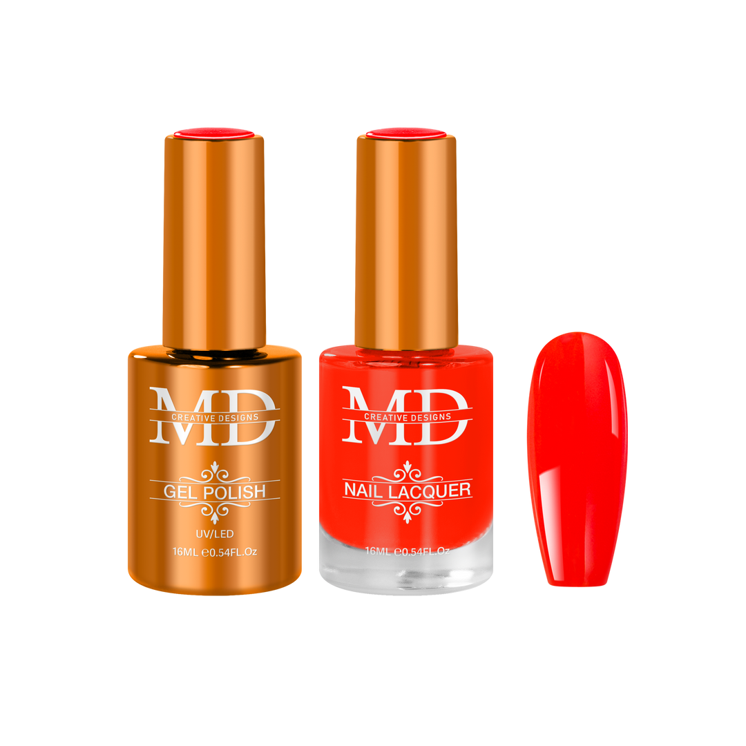 Two bottles of nail polish with a red nail tip swatch on a white background