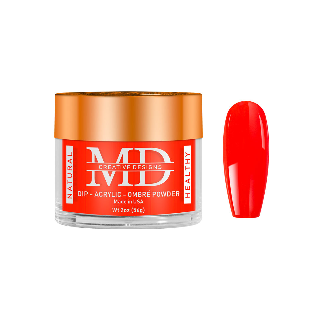 Jar of MD nail powder with a red nail tip swatch on a white background