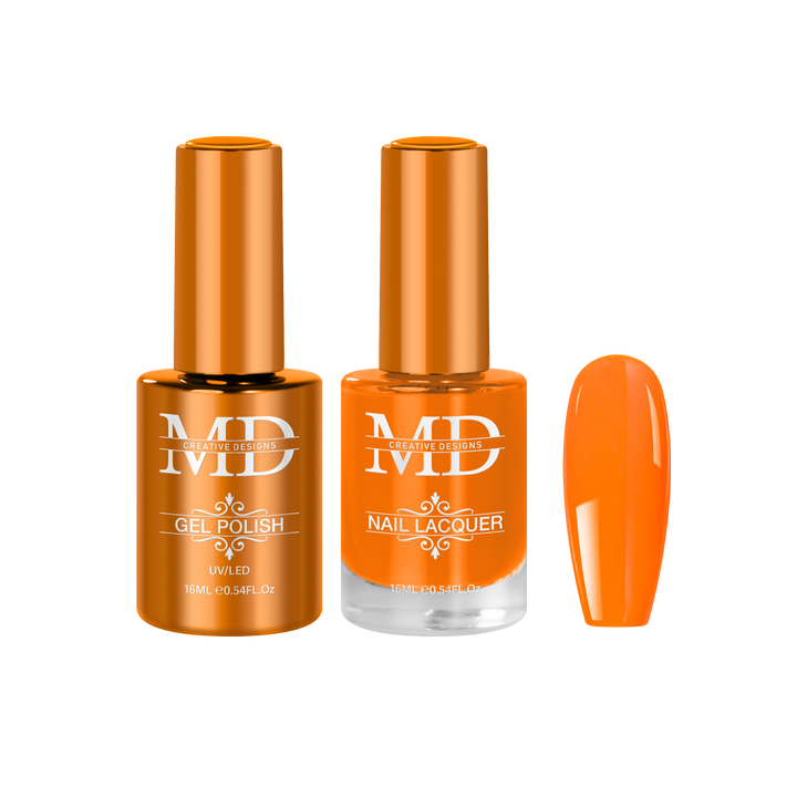 Orange nail polish bottles with a matching orange nail tip swatch on a white background