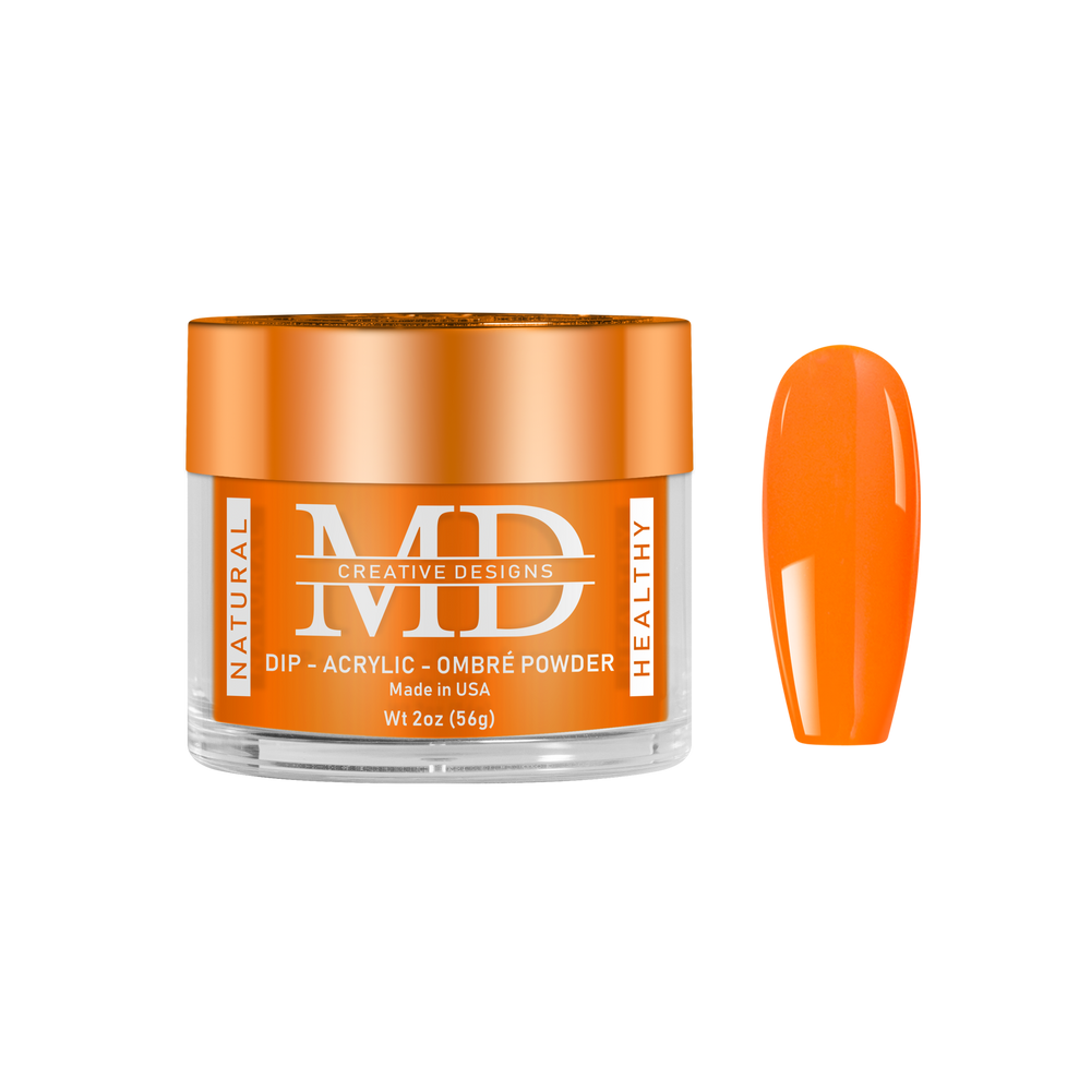 Orange nail powder container with a matching nail swatch on a white background