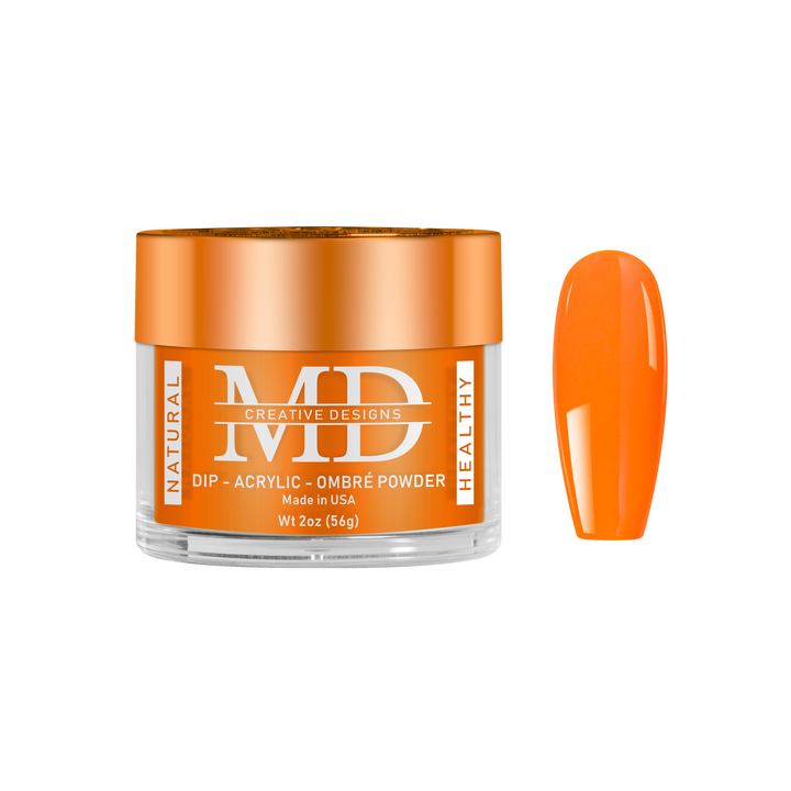 Orange nail powder container with a matching nail swatch on a white background