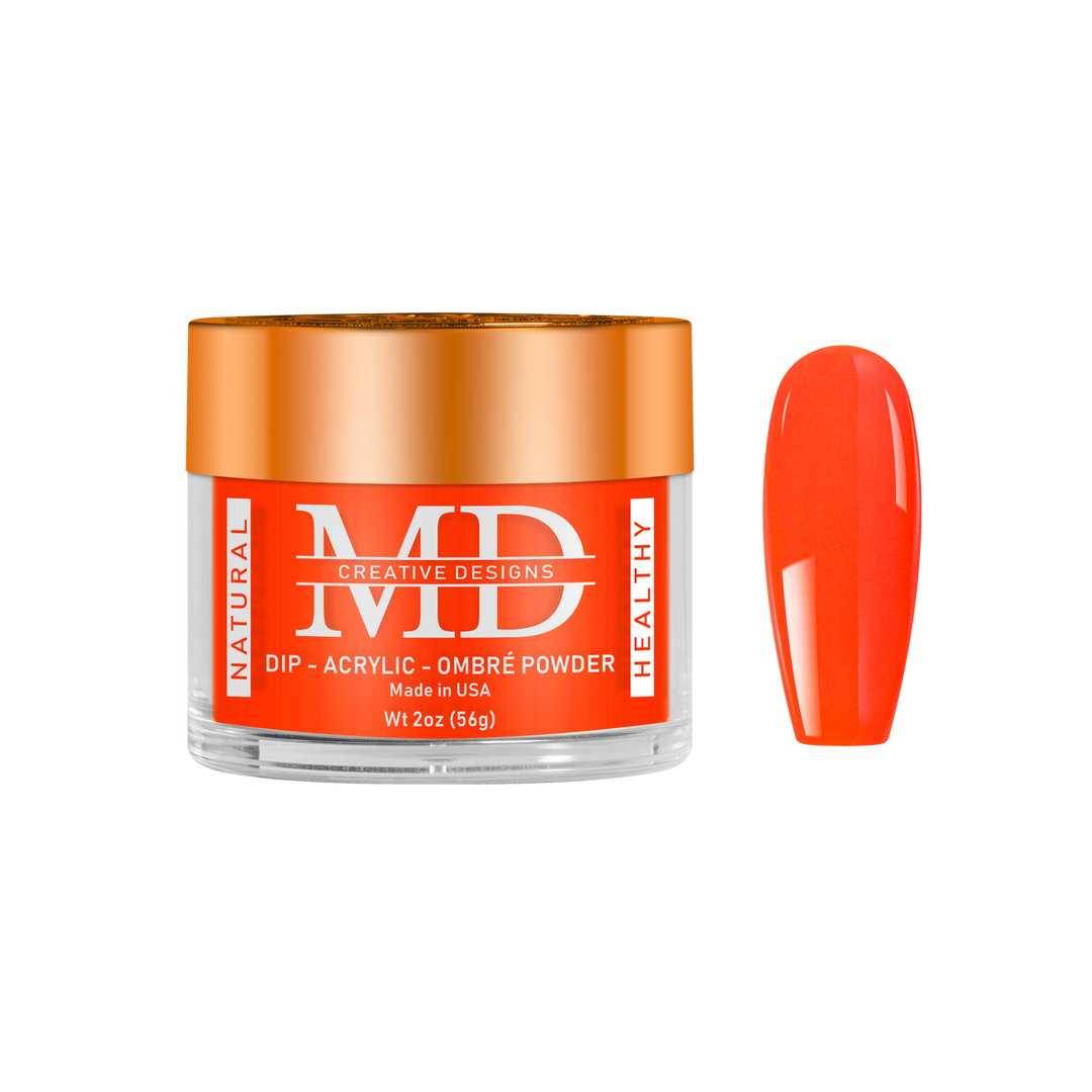 Orange nail powder container with a matching nail tip color swatch on a white background