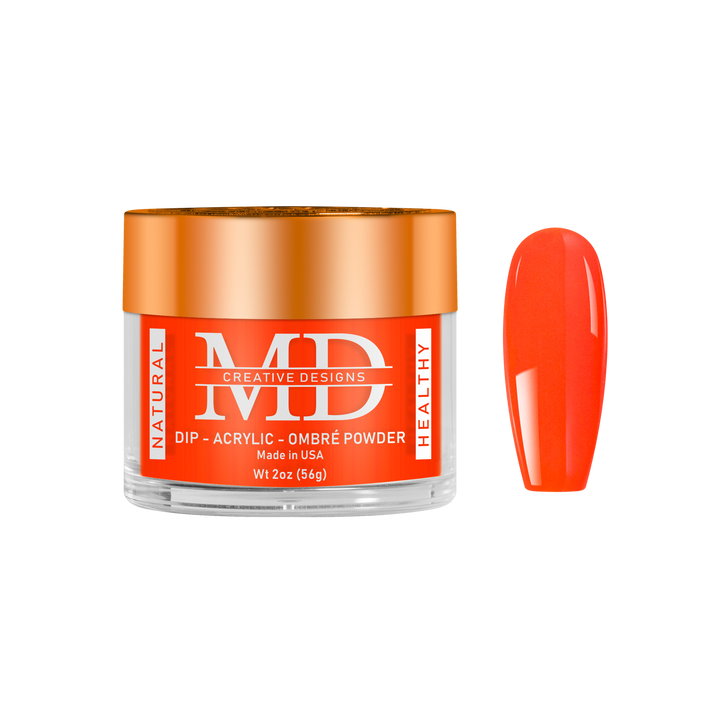 Orange nail powder container with a matching nail tip color swatch on a white background